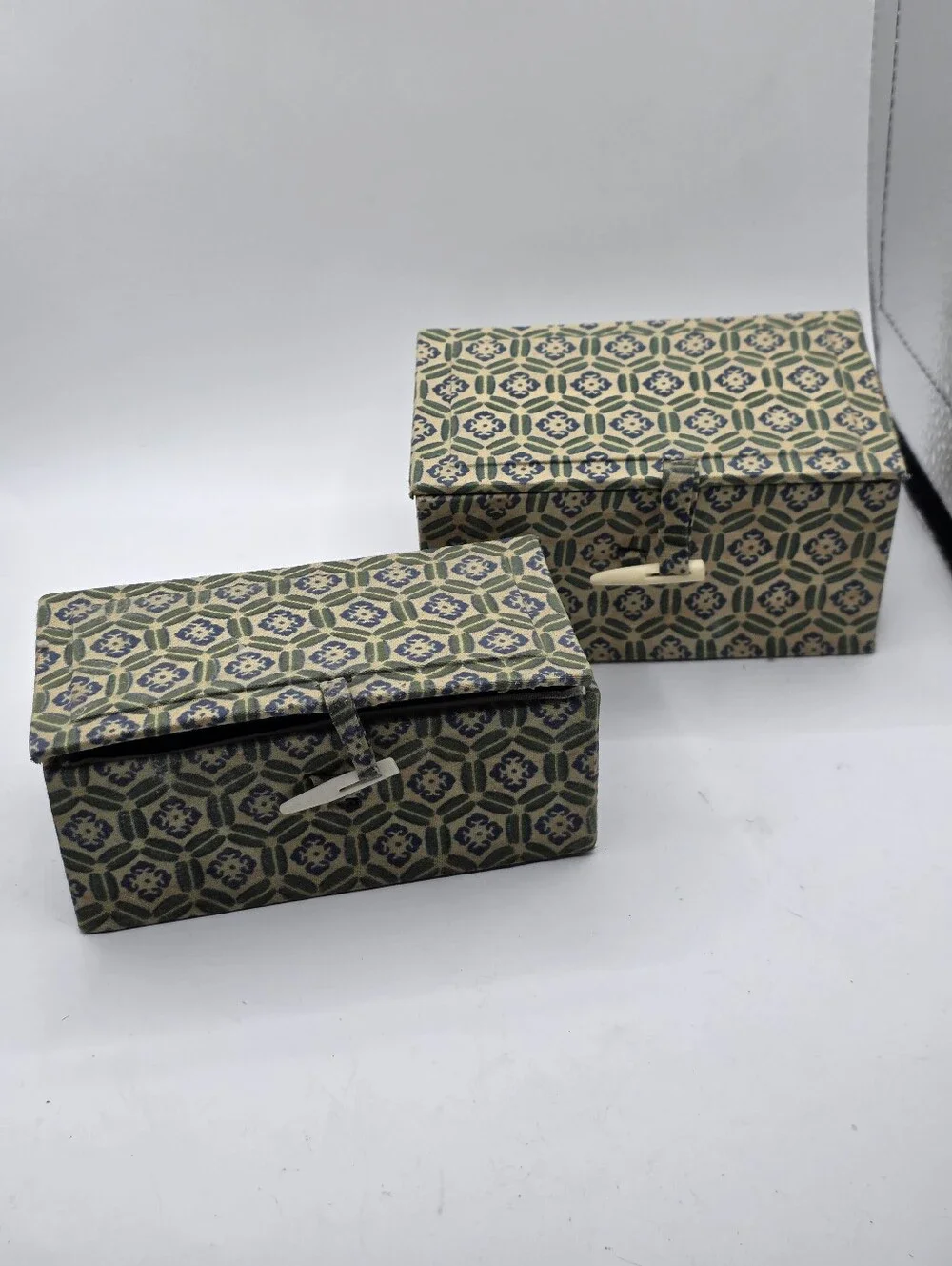 Set of 3 Vintage 1970s Chinese Silk Brocade Keepsake Boxes Green Lining Bone